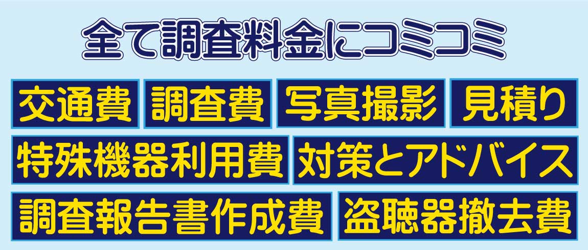 調査料金には、特殊機器利用費、交通費、調査費、撤去費、調査報告書作成費を含みます